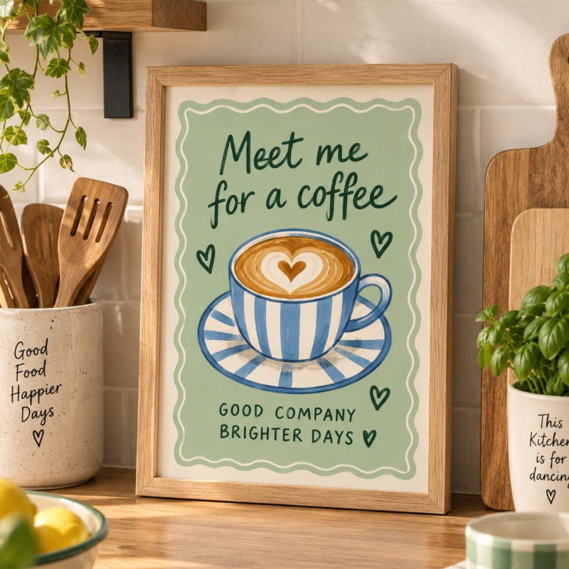 Meet Me for a Coffee Art Print – Green & Blue Coffee Wall Art