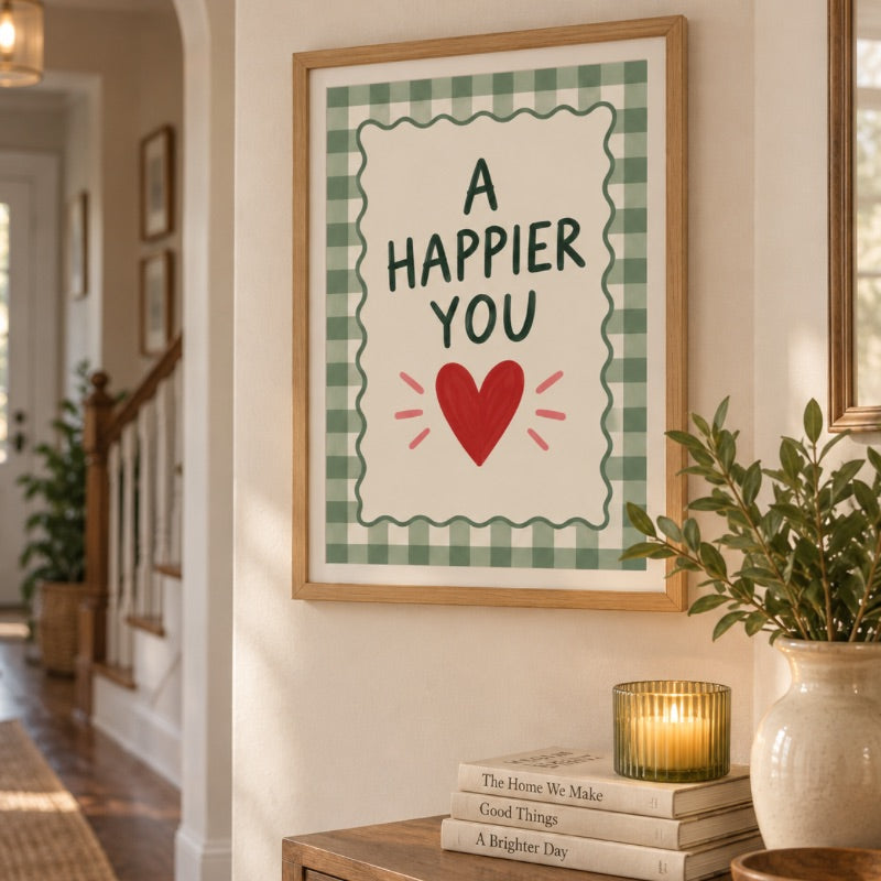 A Happier You Art Print – Green Gingham Heart Wall Art