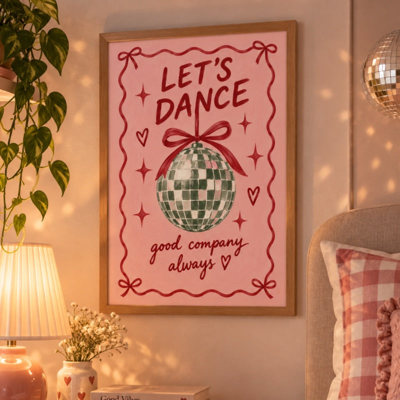 Let’s Dance Disco Ball Art Print – Pink & Red Retro Wall Art