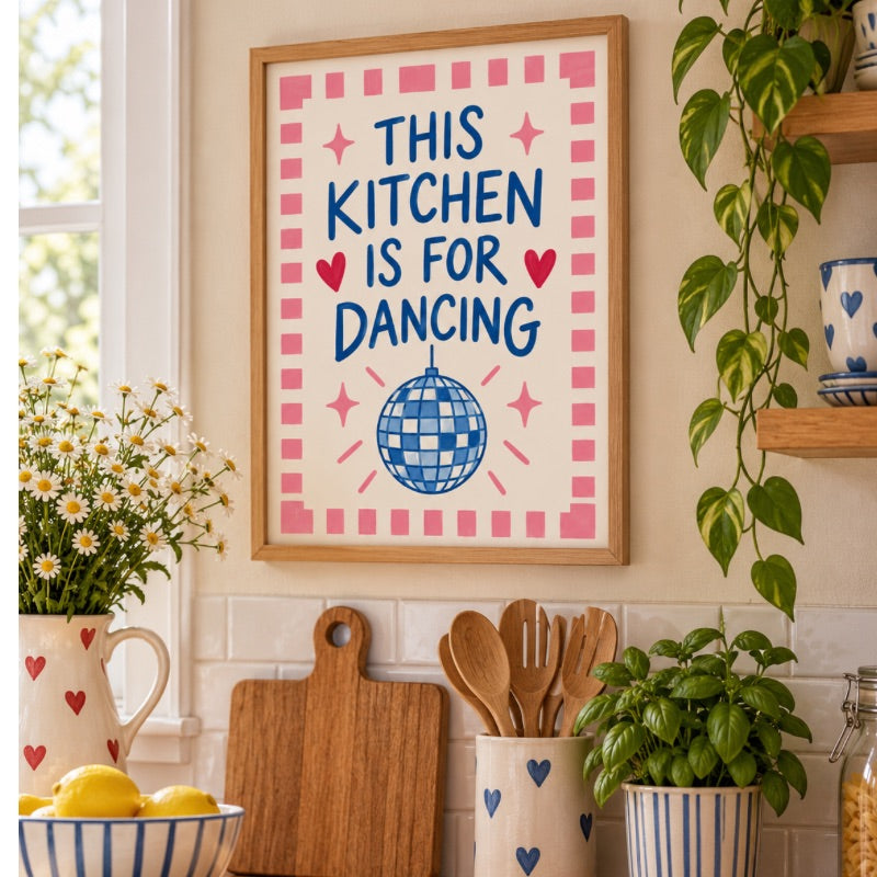 This Kitchen Is for Dancing Art Print – Pink & Blue Disco Wall Art