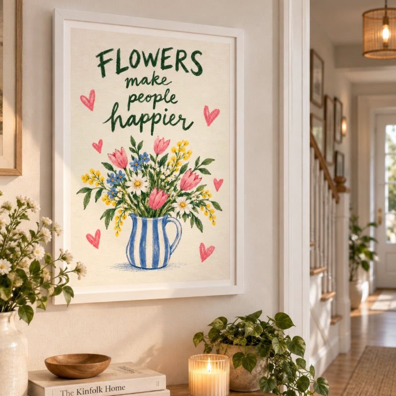 Flowers Make People Happier Art Print – Colourful Floral Wall Art