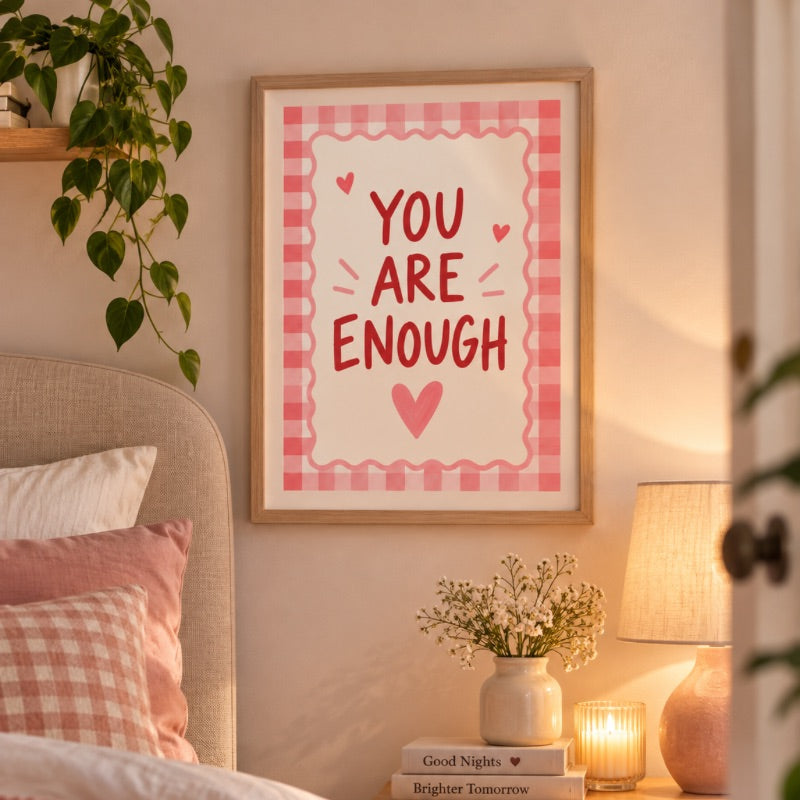 You Are Enough Art Print – Pink Gingham Positive Wall Art