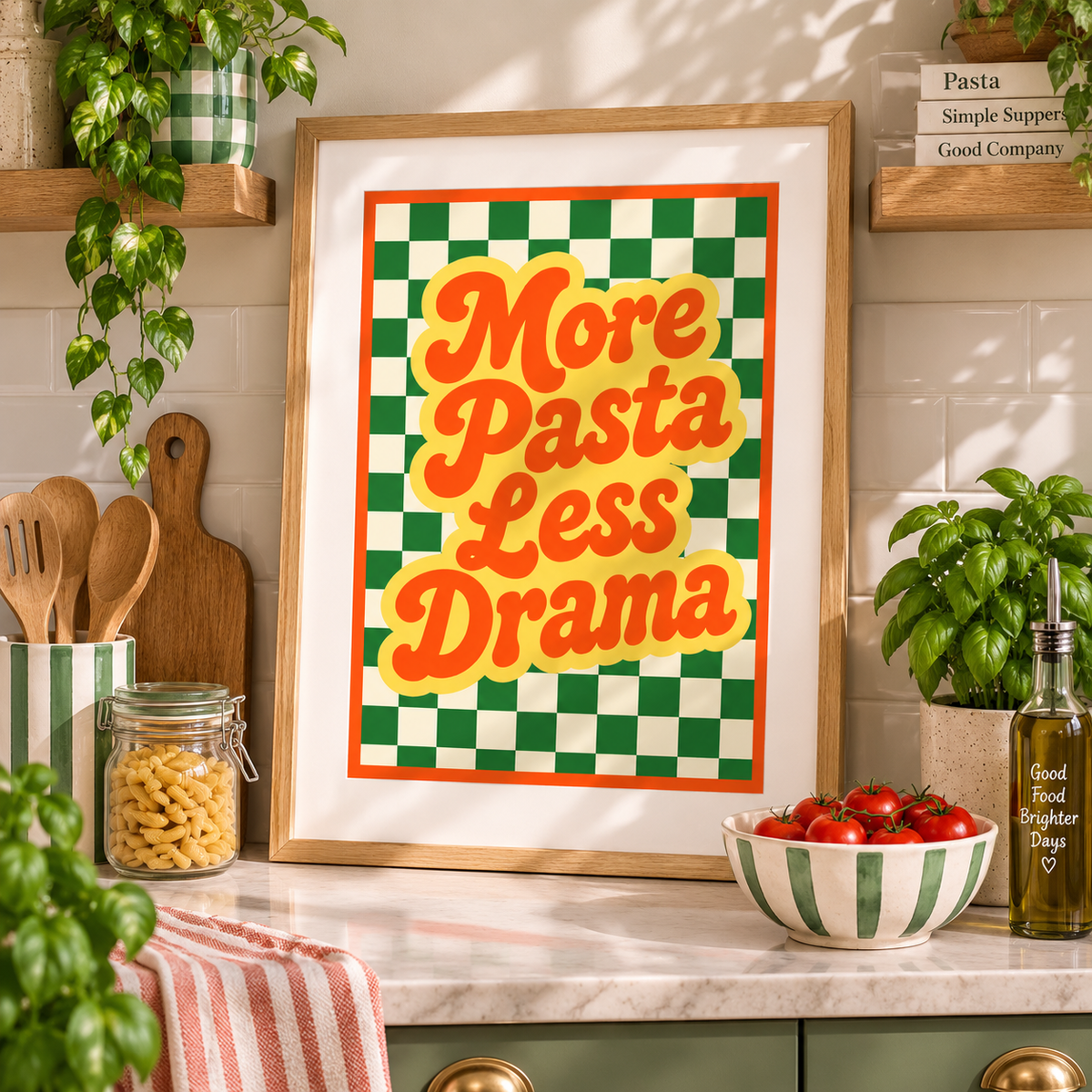More Pasta Less Drama Art Print – Retro Kitchen Wall Art