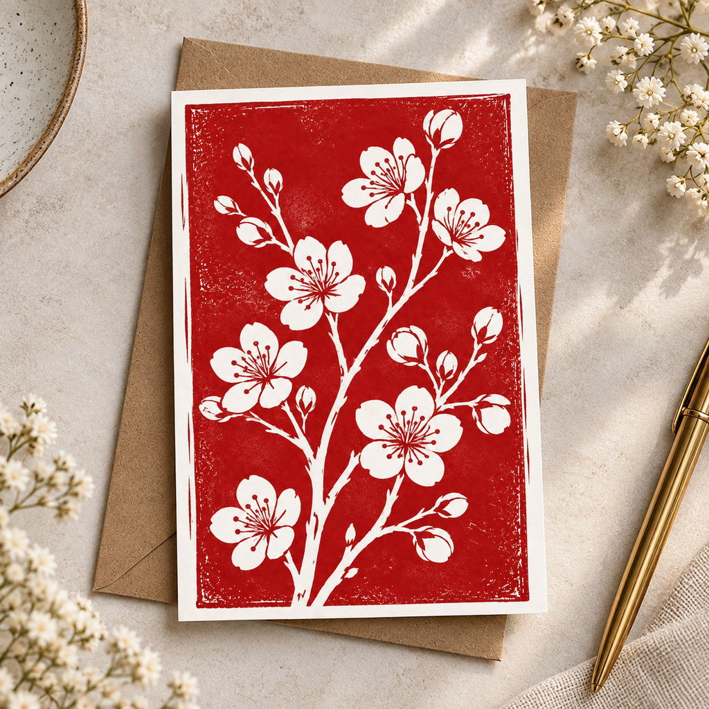 Botanical Cherry Blossom Greeting Card