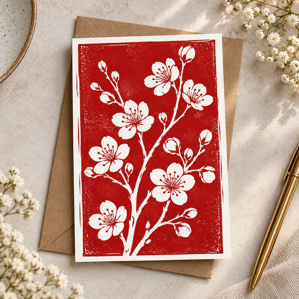 Botanical Cherry Blossom Greeting Card
