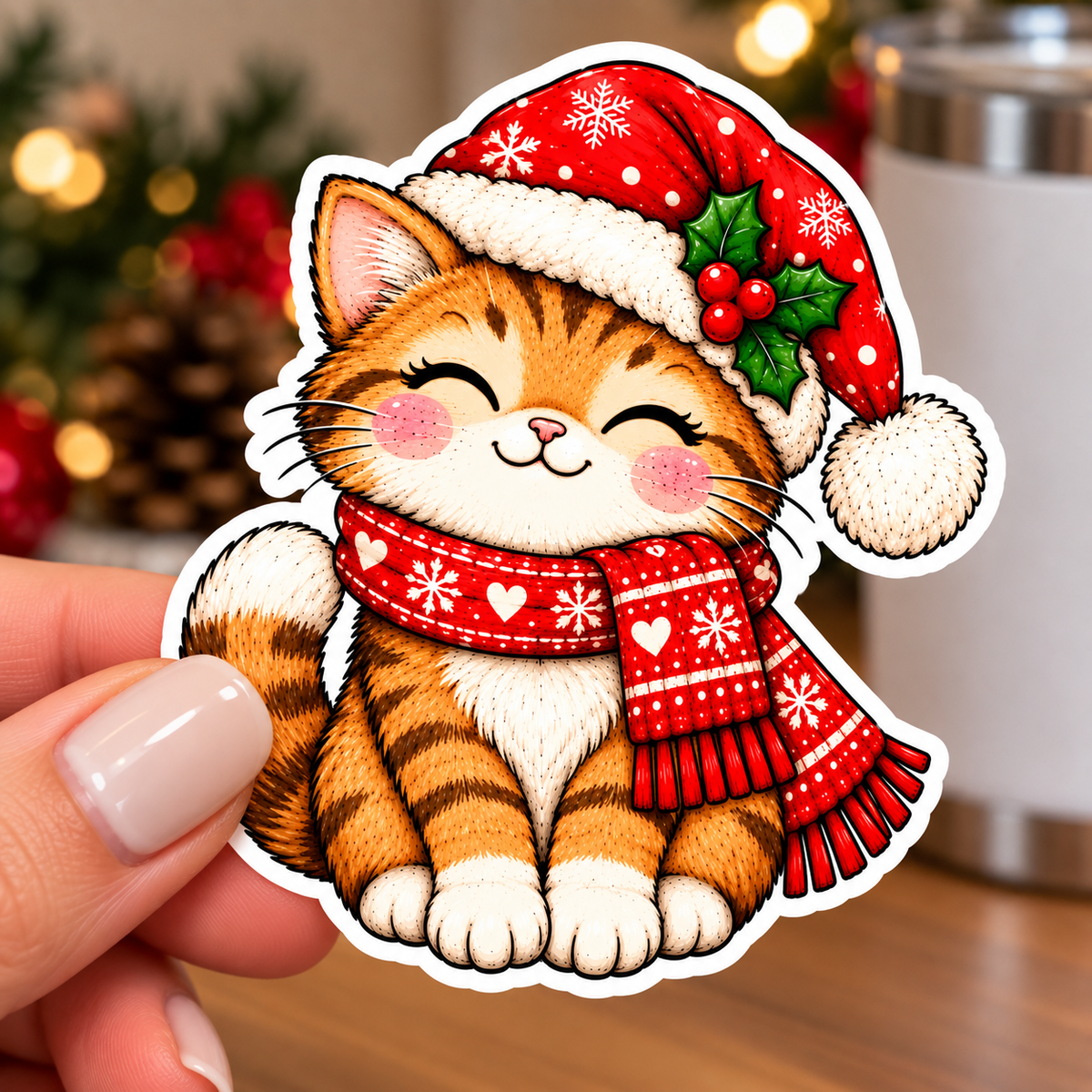 Christmas Cat Glossy Vinyl Sticker – 10 cm