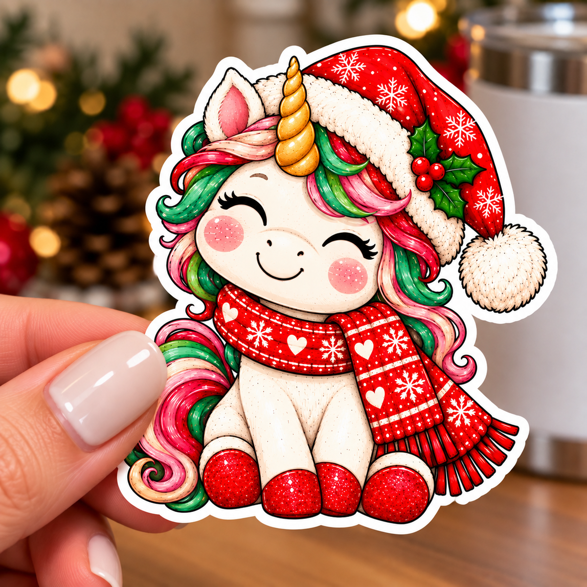 Christmas Unicorn Glossy Vinyl Sticker – 10 cm