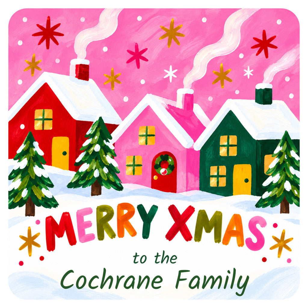 Personalised Family Christmas Card – Colourful Winter Houses