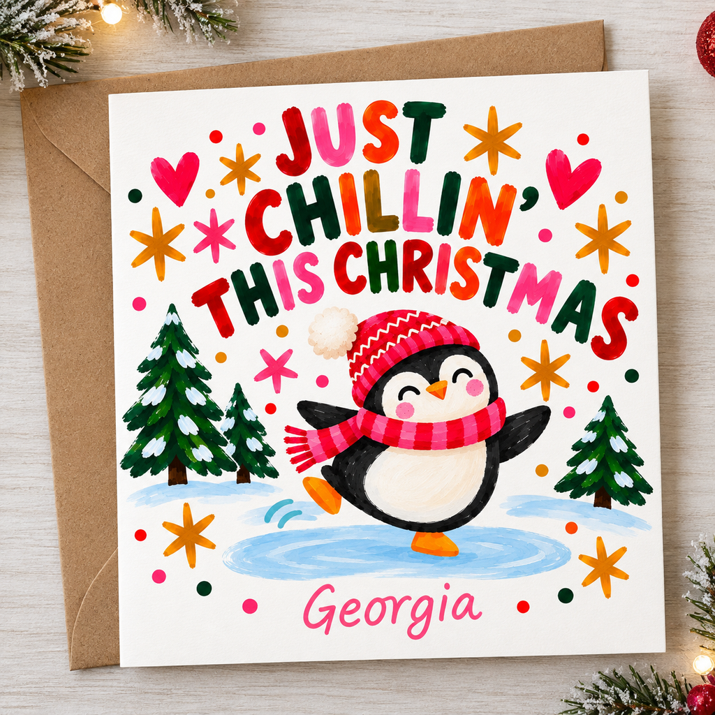 Personalised “Just Chillin’ This Christmas” Penguin Card