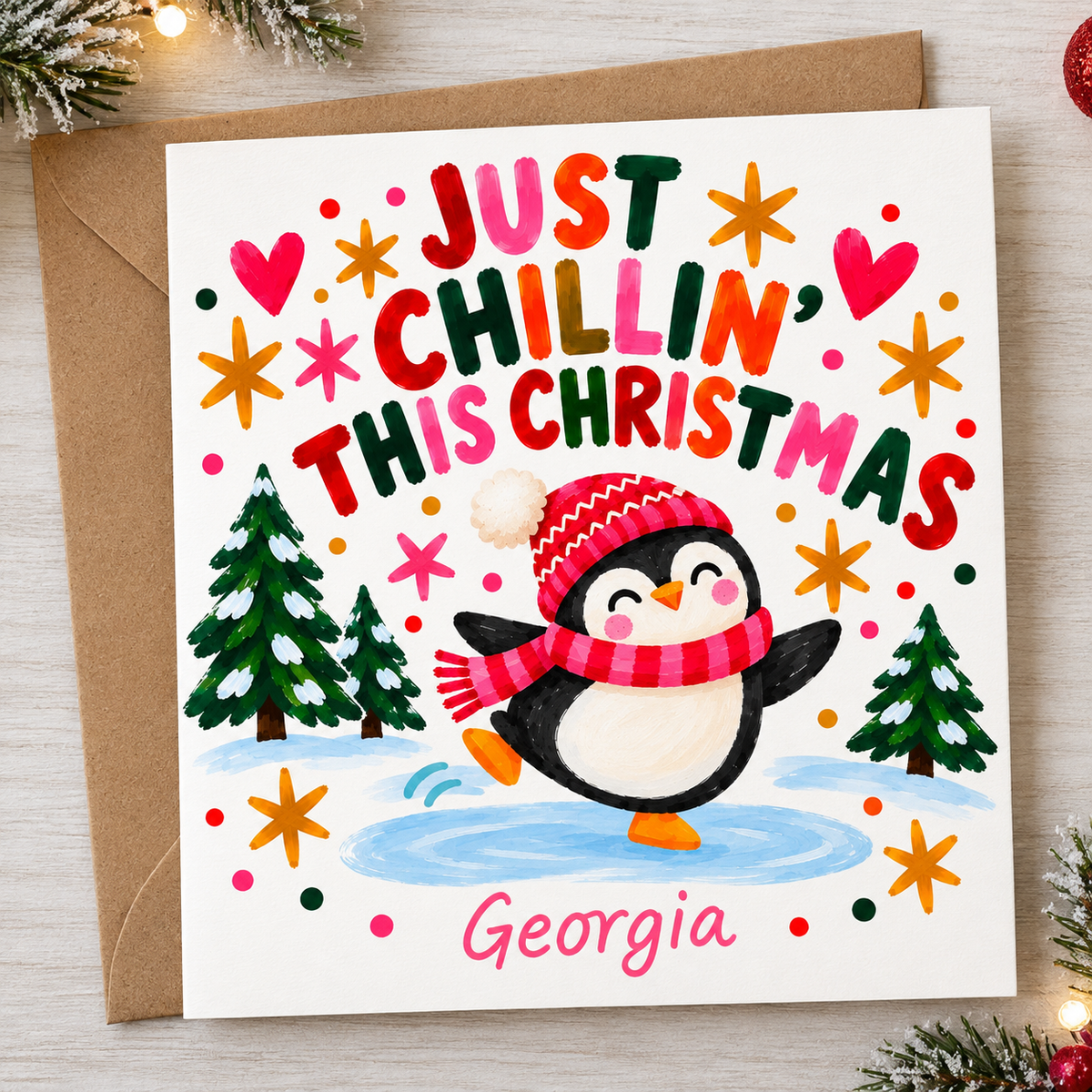 Personalised “Just Chillin’ This Christmas” Penguin Card
