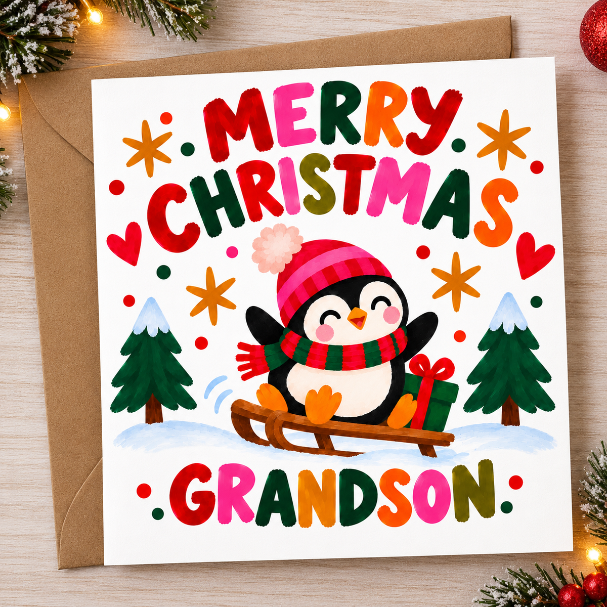 Merry Christmas Grandson – Penguin Christmas Card