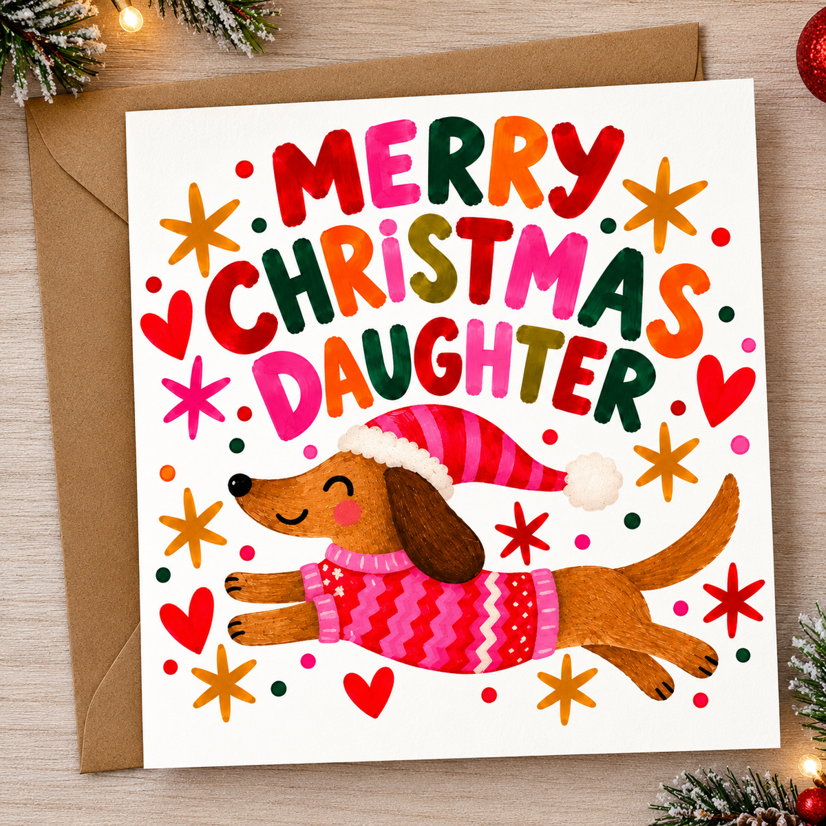 Merry Christmas Daughter – Sausage Dog Christmas Card