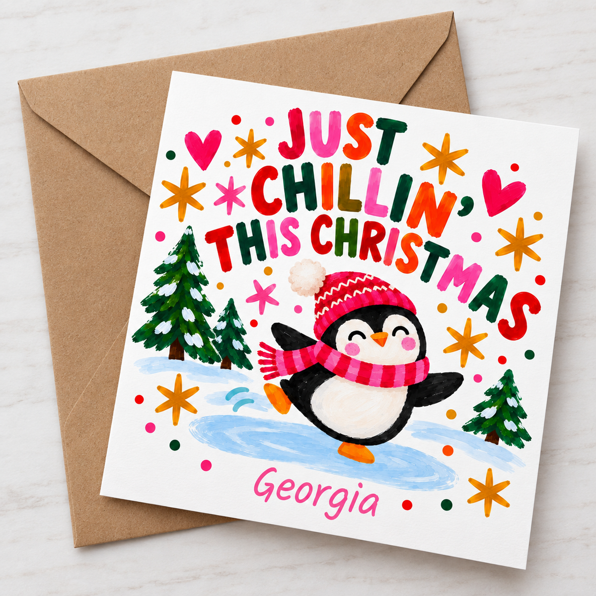 Personalised “Just Chillin’ This Christmas” Penguin Card
