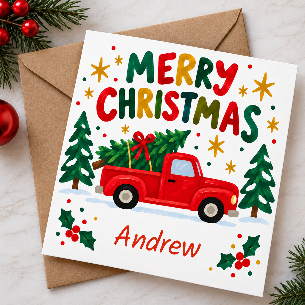 Personalised Merry Christmas Red Truck Card
