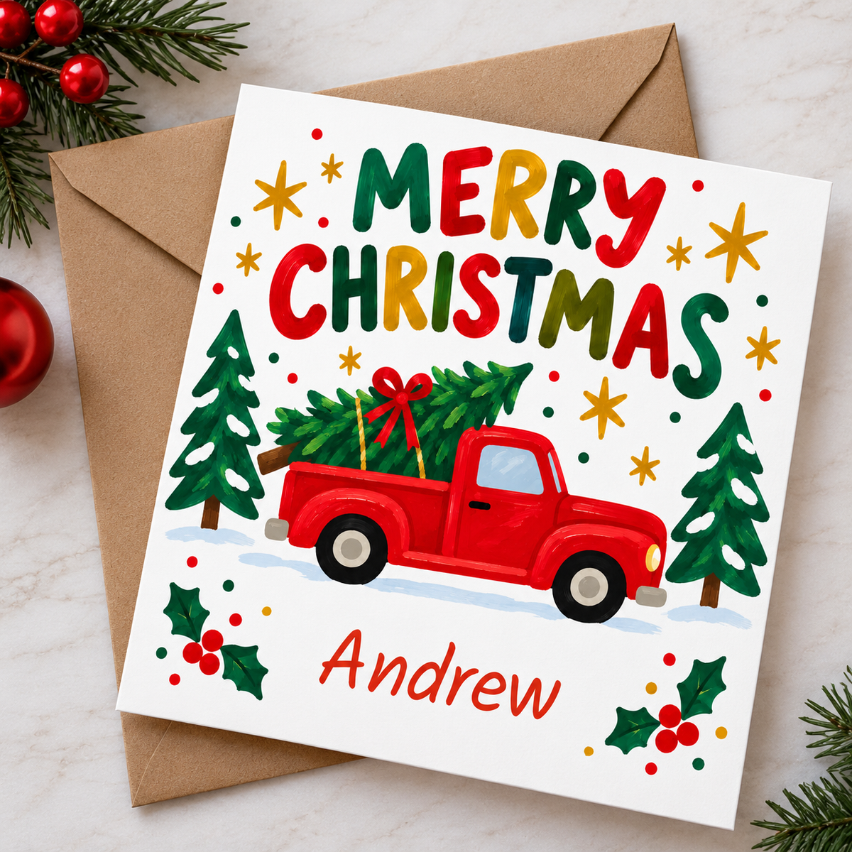 Personalised Merry Christmas Red Truck Card