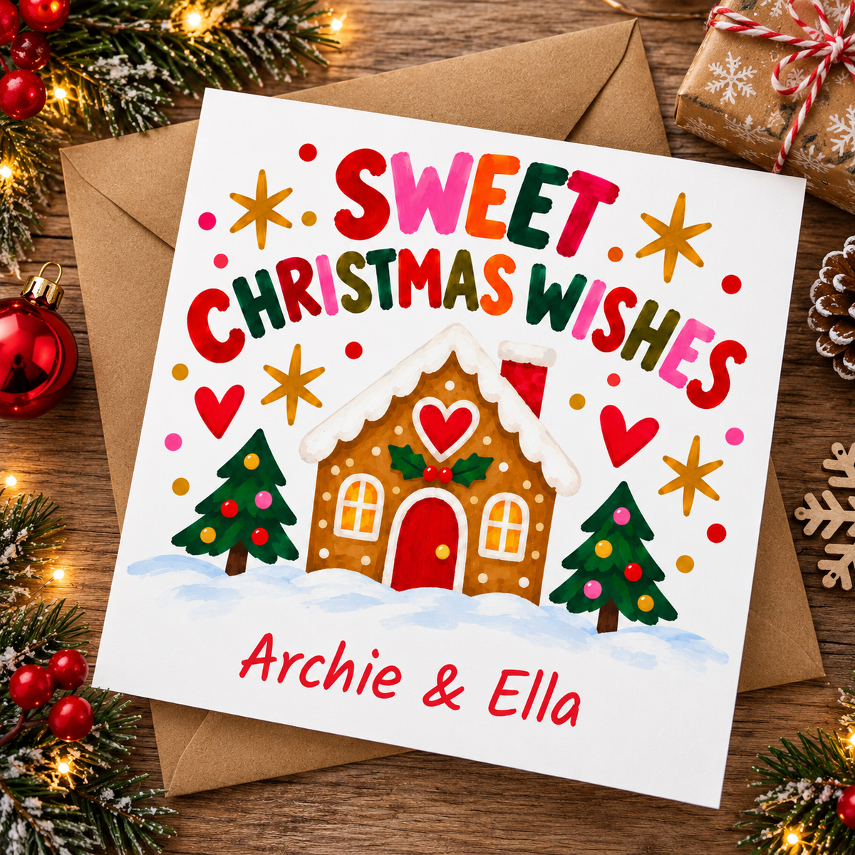 Personalised Sweet Christmas Wishes Card – Gingerbread House