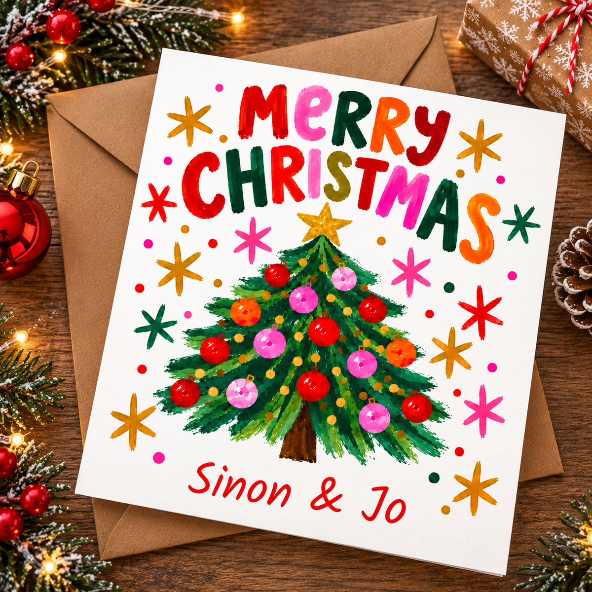 Personalised Hand-Painted Merry Christmas Card – Christmas Tree Design