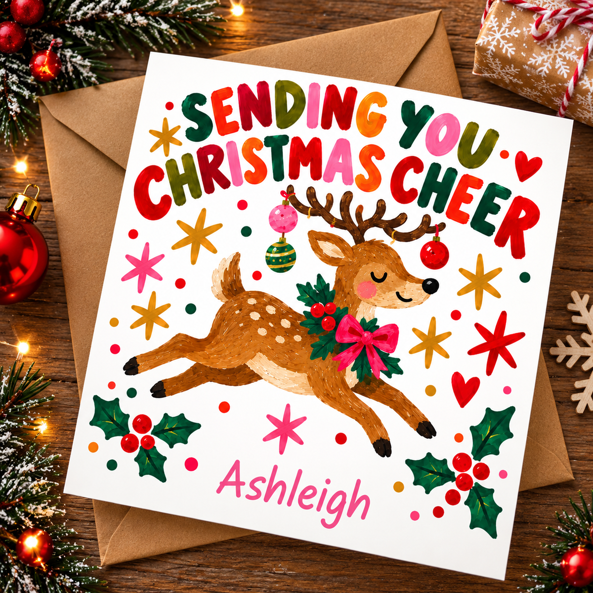 Personalised Reindeer Christmas Card – Sending You Christmas Cheer