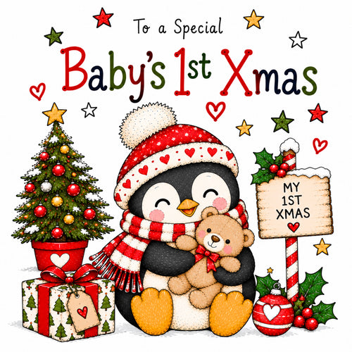 Baby’s 1st Christmas Card – Cute Penguin & Teddy Bear Design