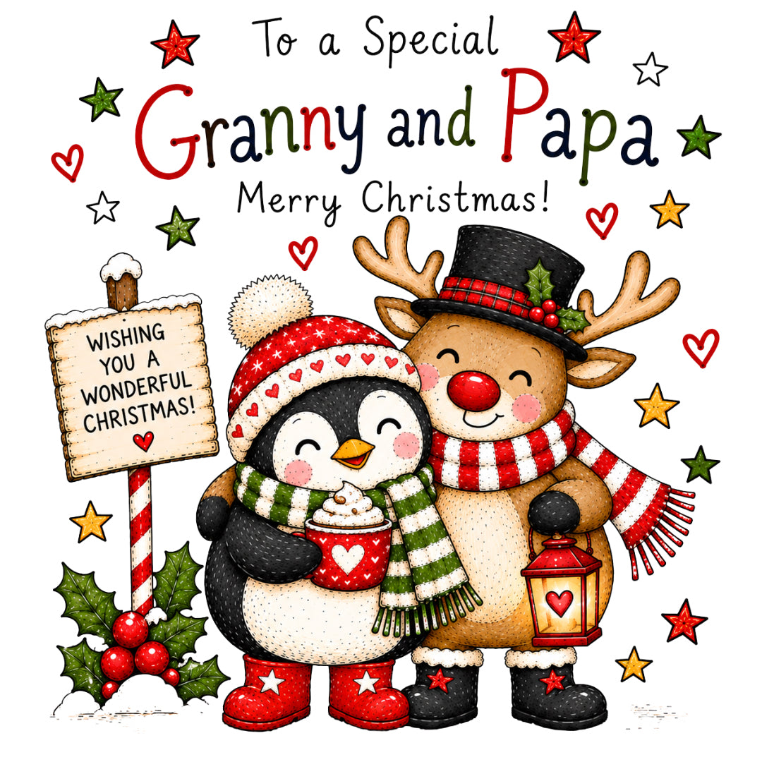 Granny & Papa Christmas Card – Cute Penguin & Reindeer Design