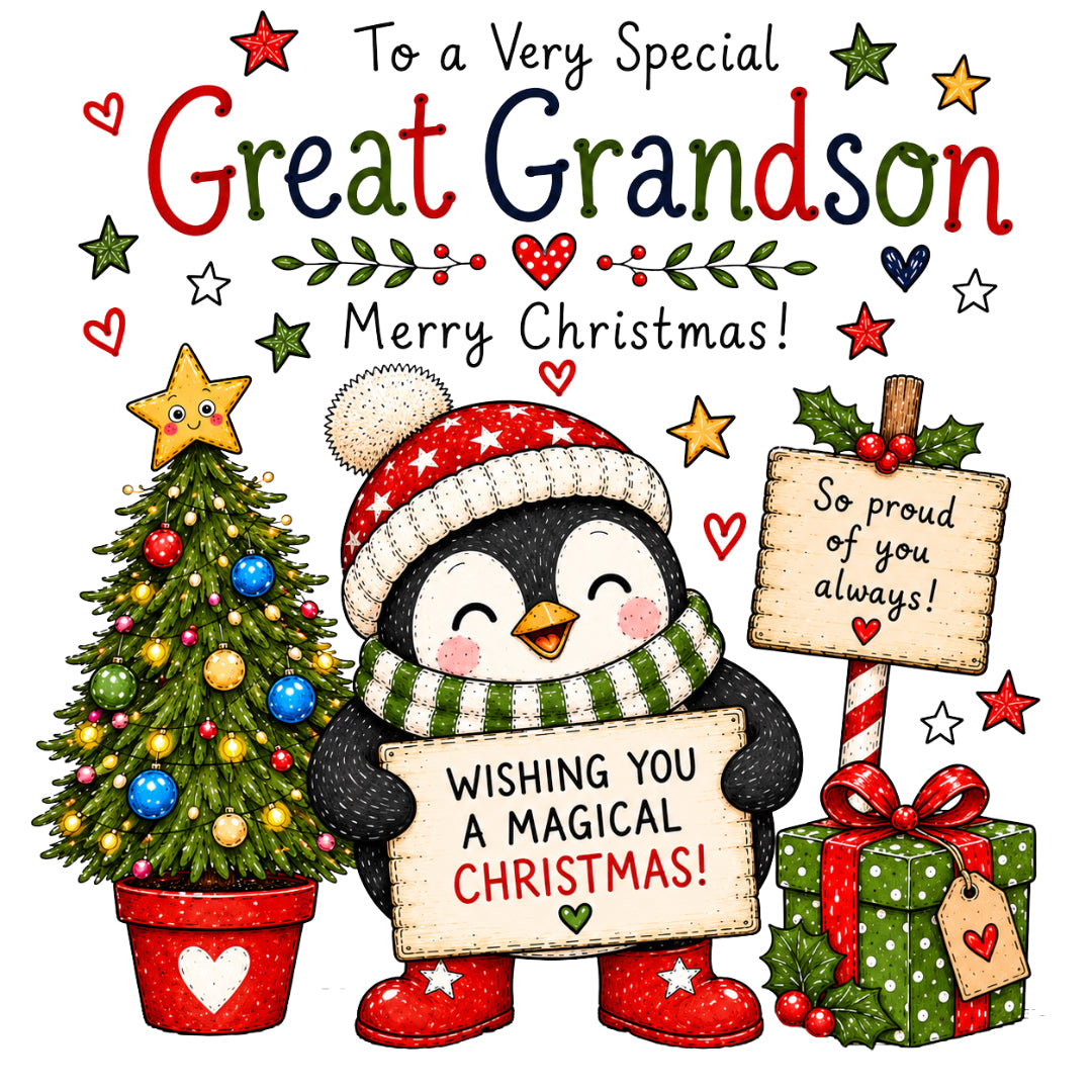 Great Grandson Christmas Card – Cute Penguin Design