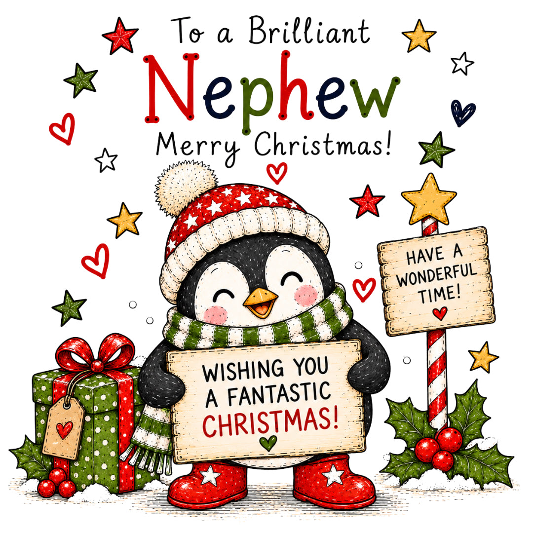 Nephew Christmas Card – Cute Festive Penguin Design