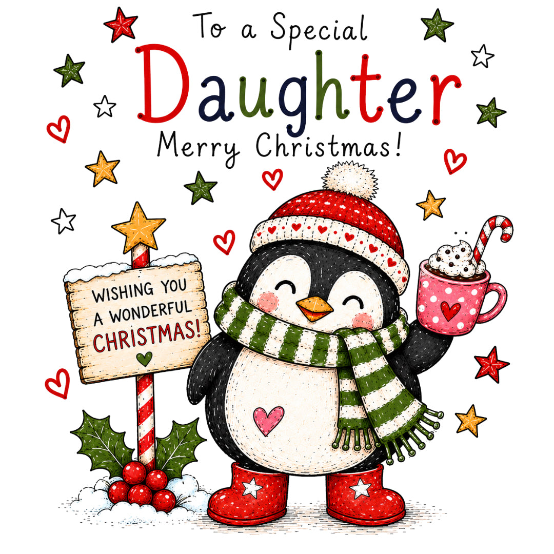 Daughter Christmas Card – Cute Penguin Design