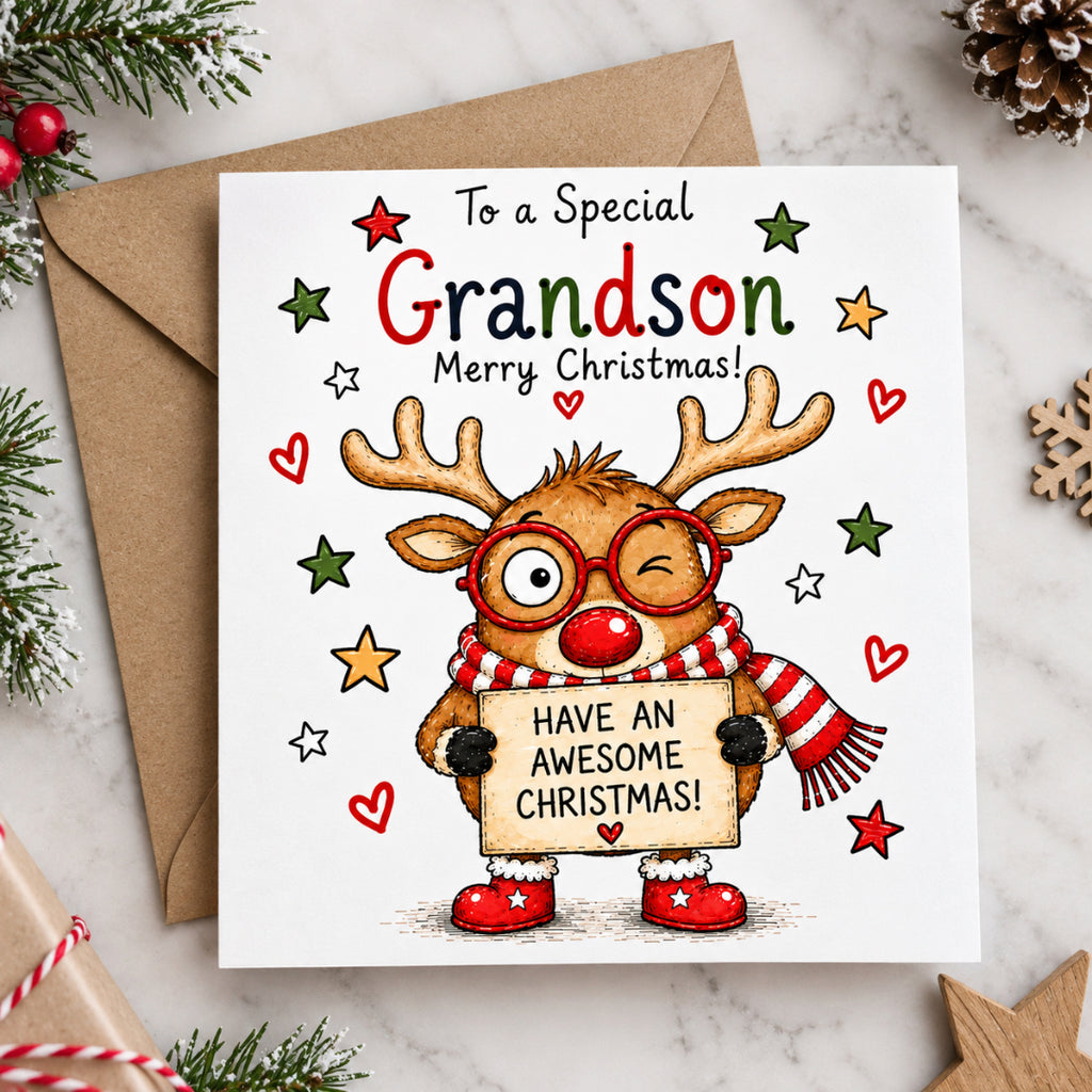 Grandson Christmas Card – Fun Reindeer Design