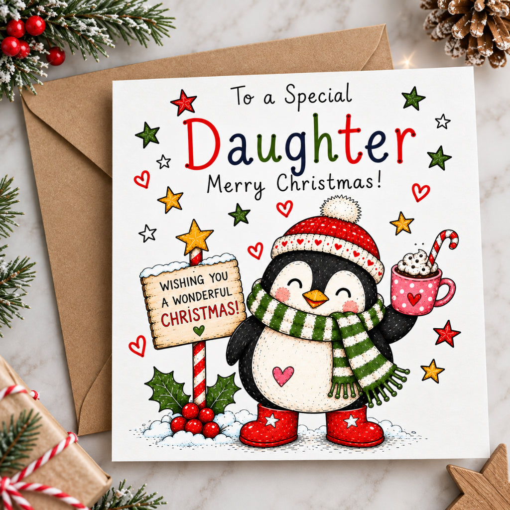 Daughter Christmas Card – Cute Penguin Design