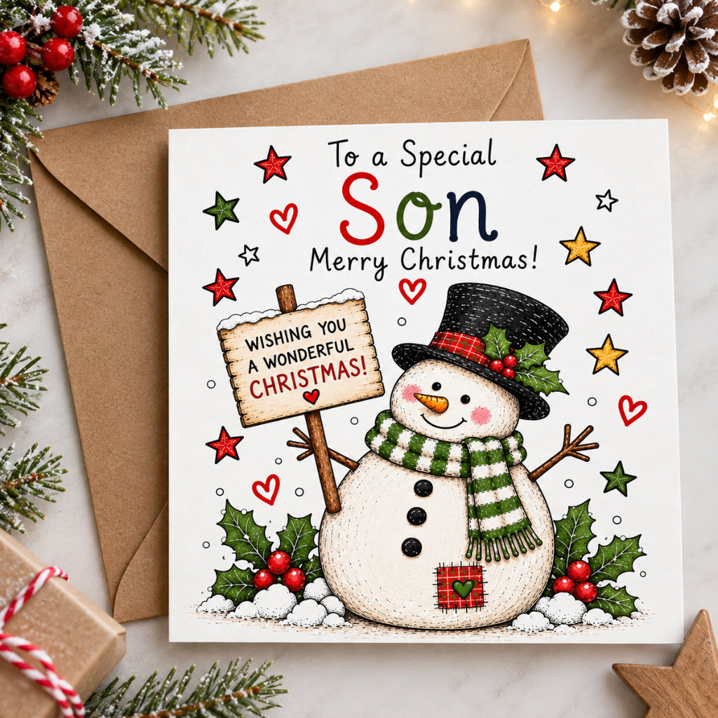 Son Christmas Card – Cute Snowman Design