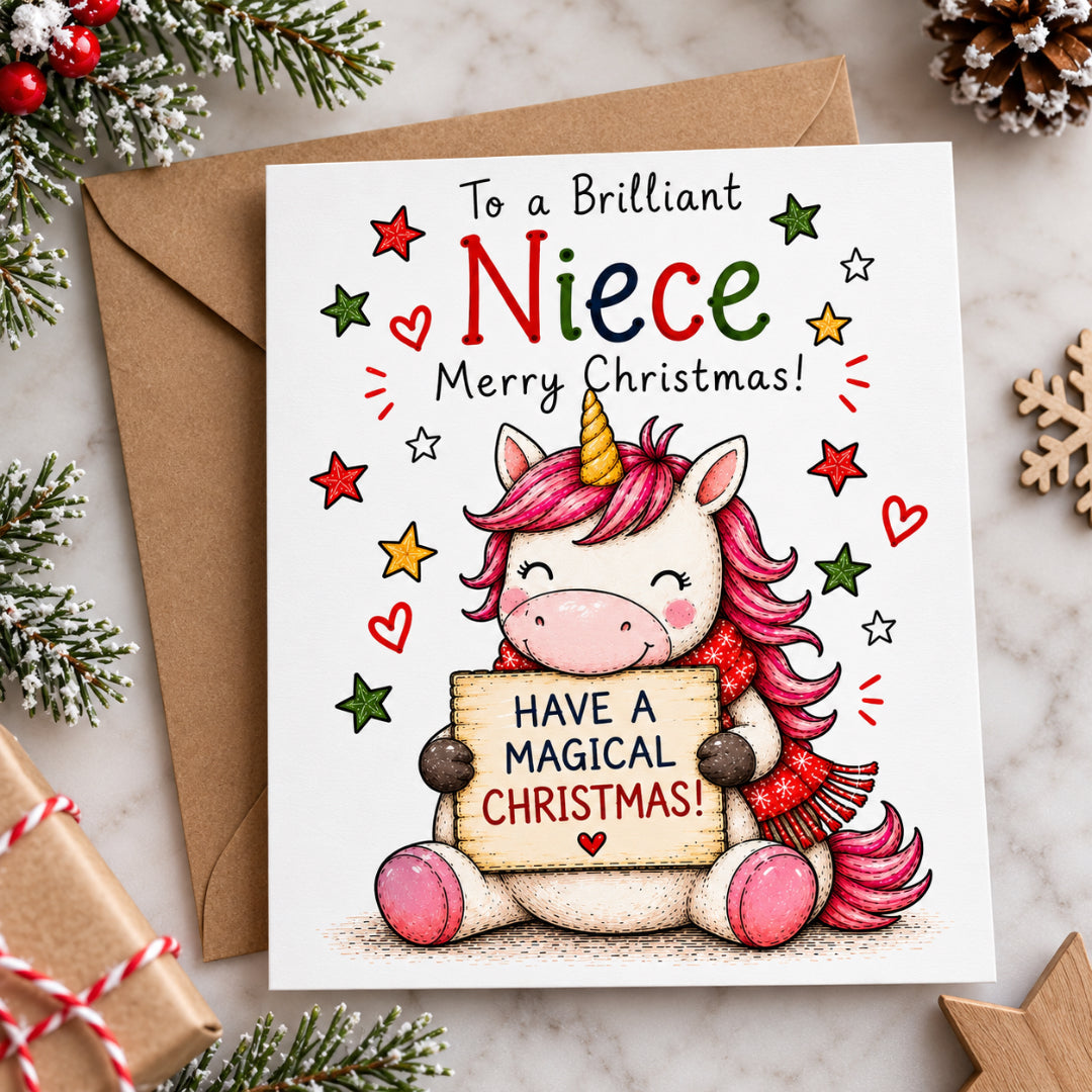 Niece Christmas Card – Cute Unicorn Design