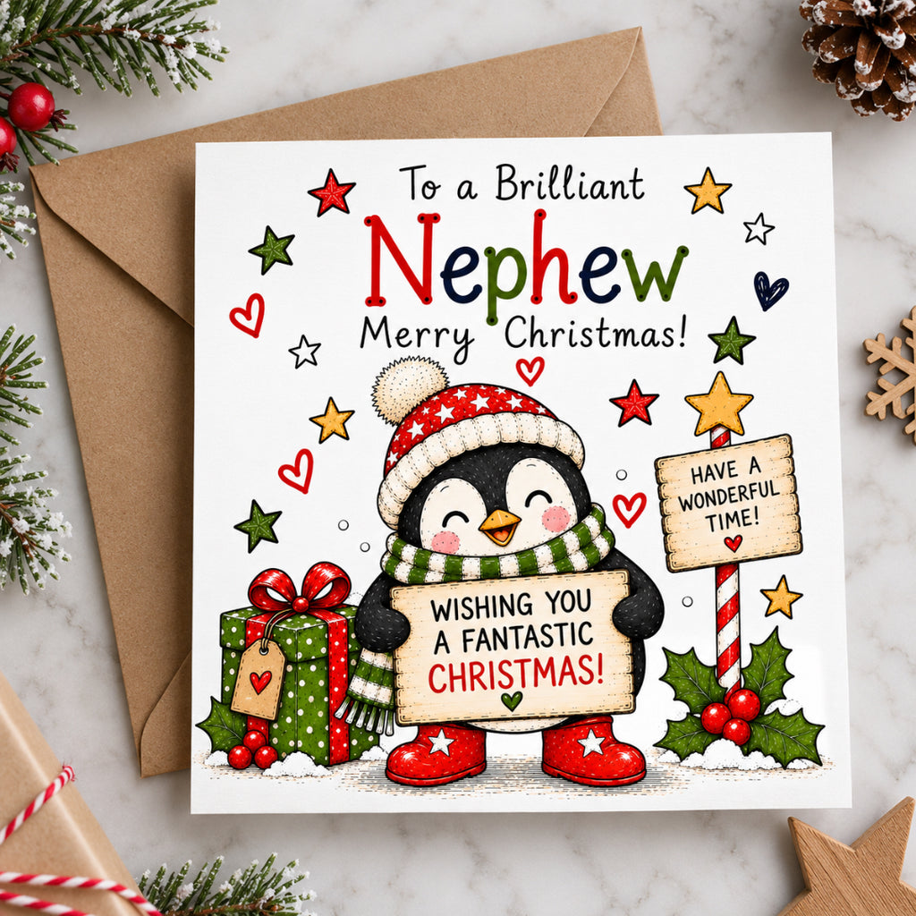 Nephew Christmas Card – Cute Festive Penguin Design