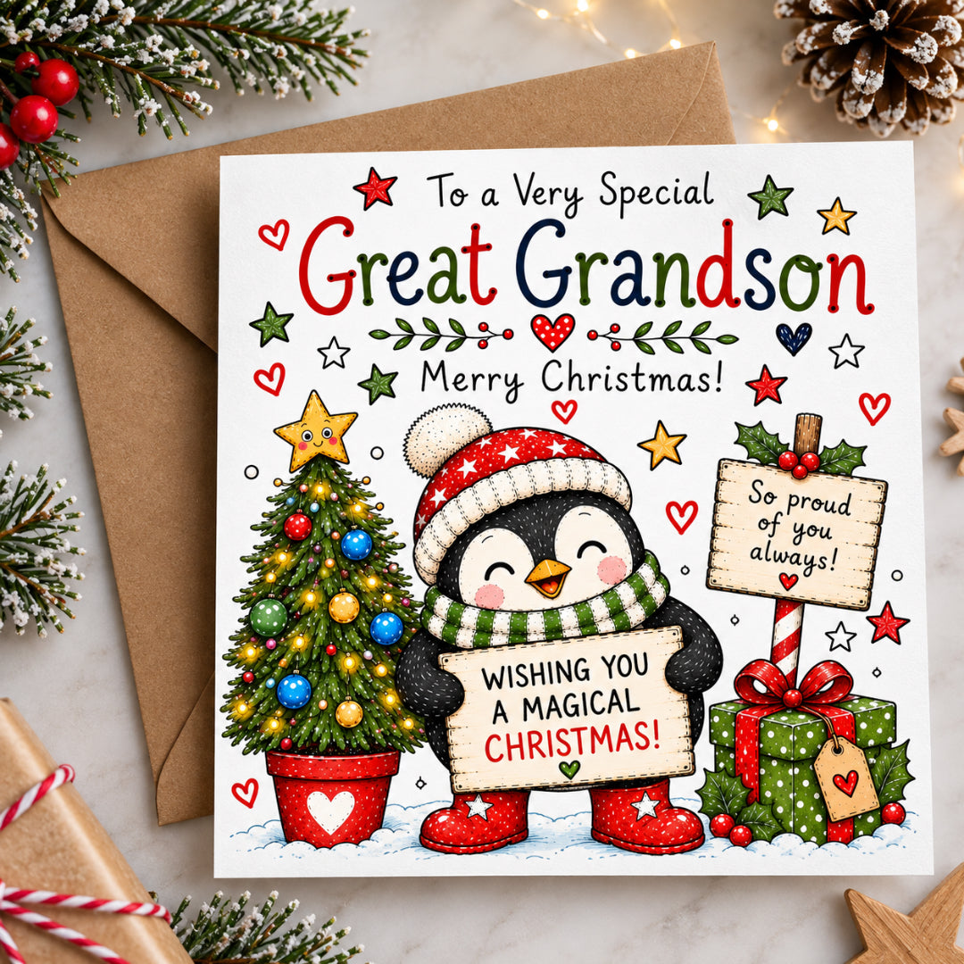 Great Grandson Christmas Card – Cute Penguin Design