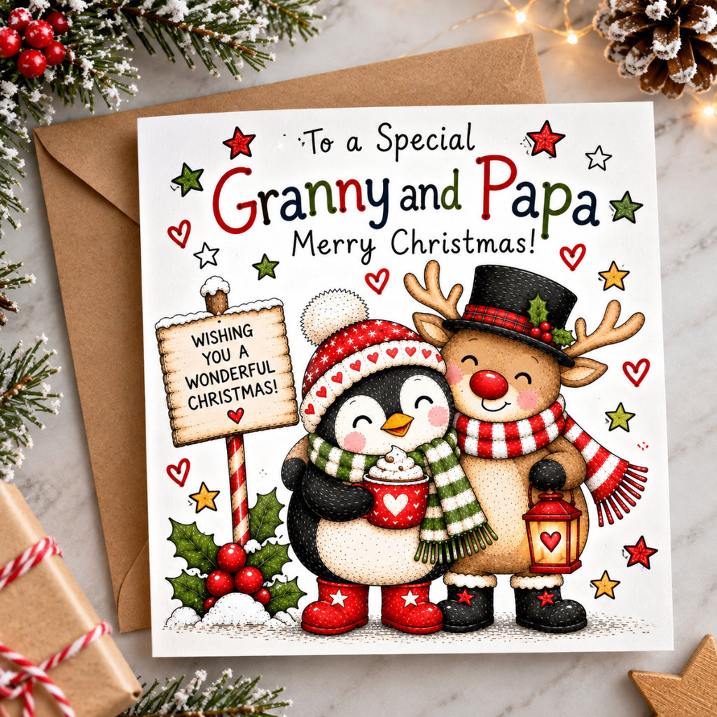 Granny & Papa Christmas Card – Cute Penguin & Reindeer Design