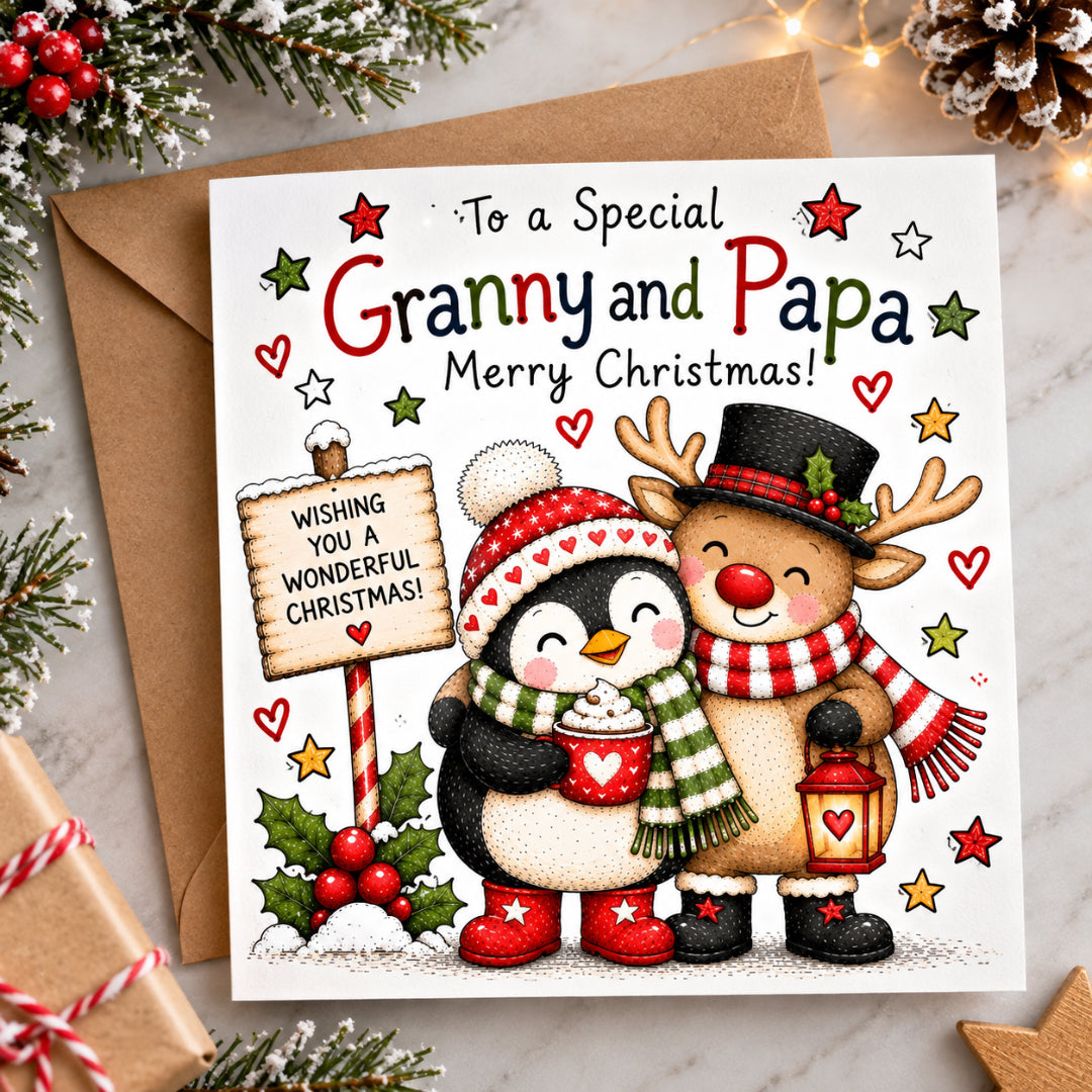 Granny & Papa Christmas Card – Cute Penguin & Reindeer Design