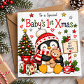 Baby’s 1st Christmas Card – Cute Penguin & Teddy Bear Design