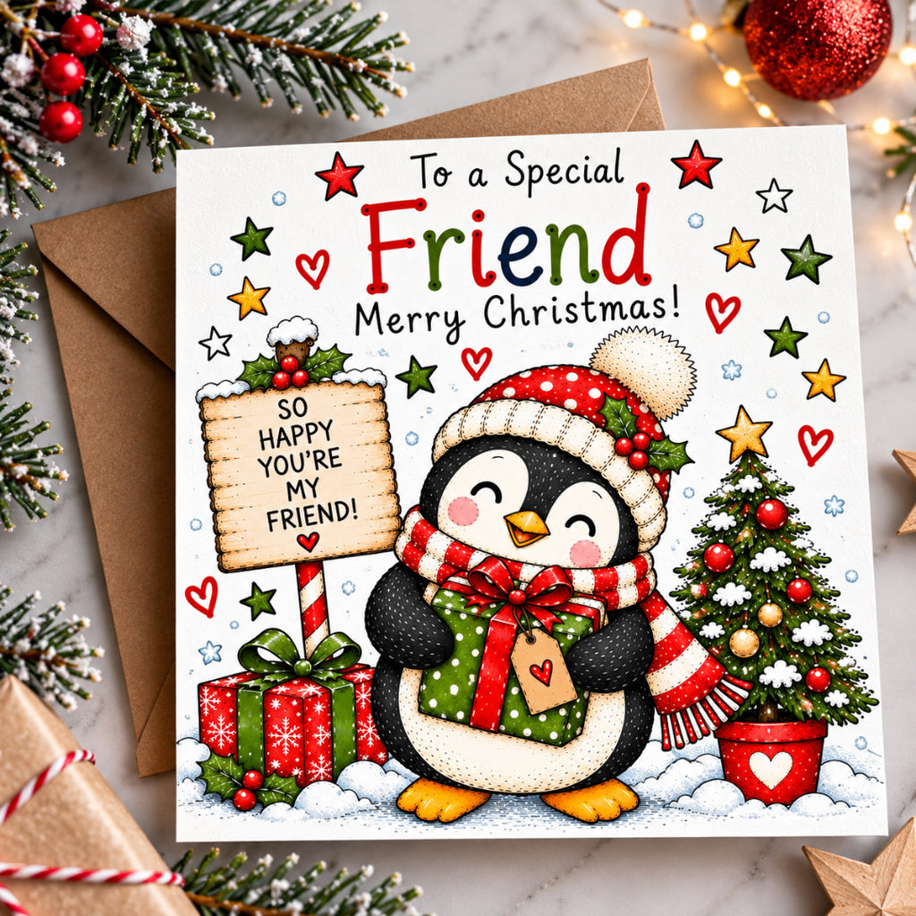To a Special Friend Christmas Card – Cute Penguin Design