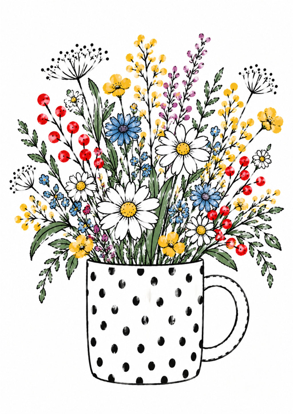 Wildflower Art Print – Black & White Polka Dot Mug