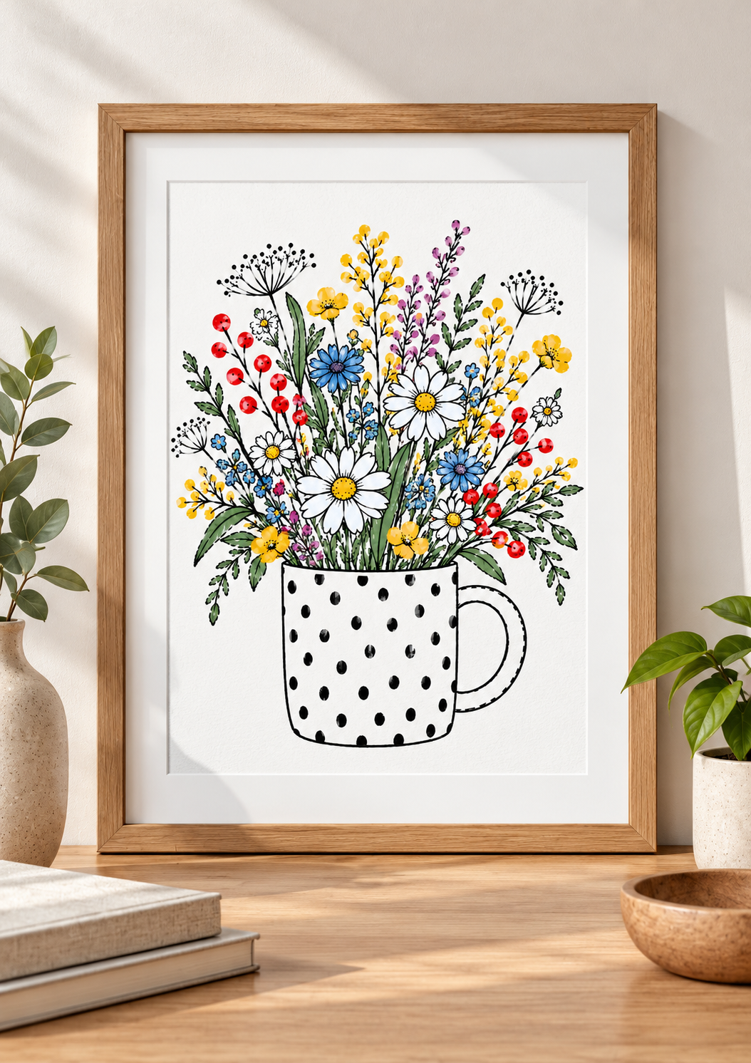 Wildflower Art Print – Black & White Polka Dot Mug