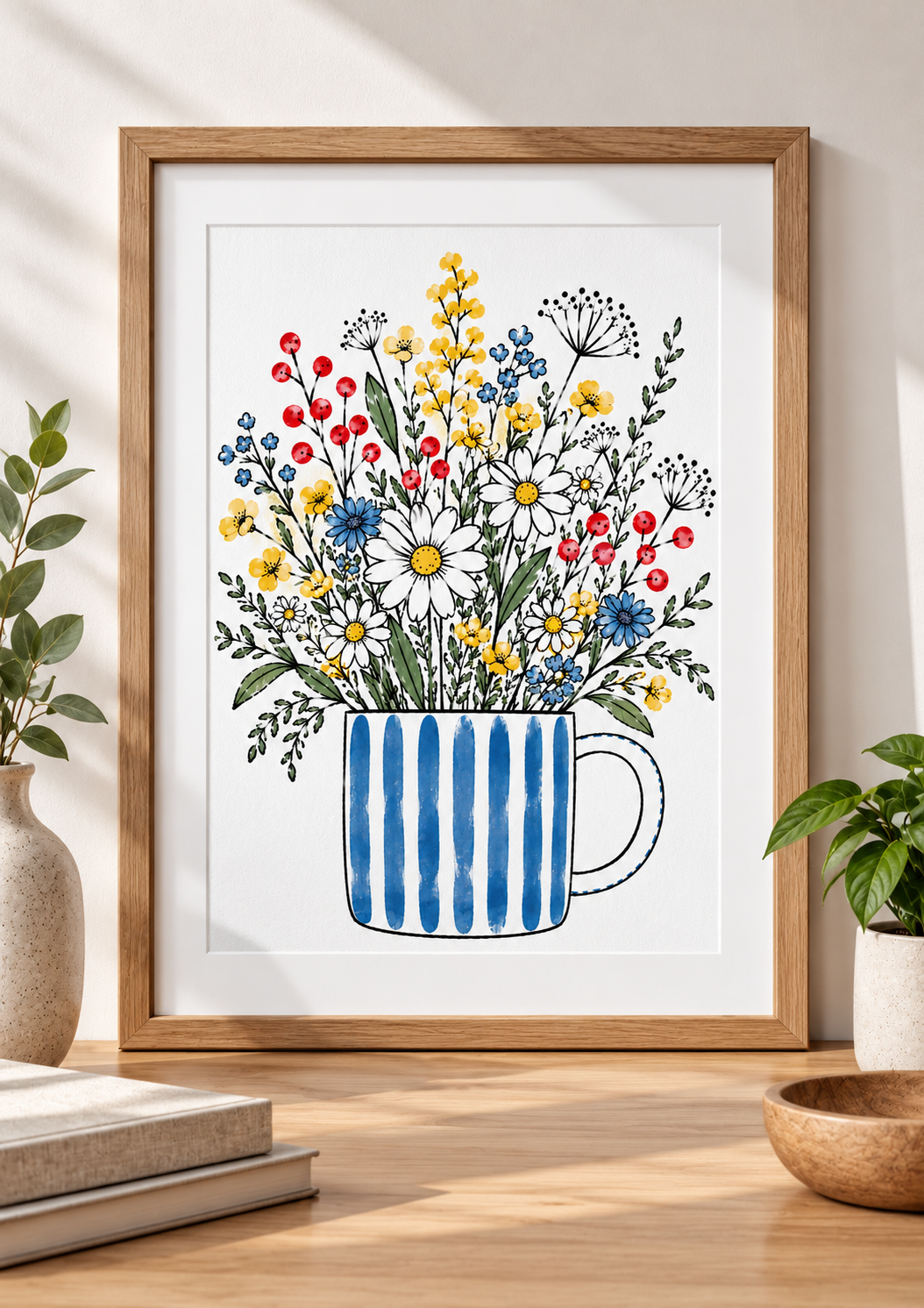 Wildflower Art Print – Blue Striped Mug