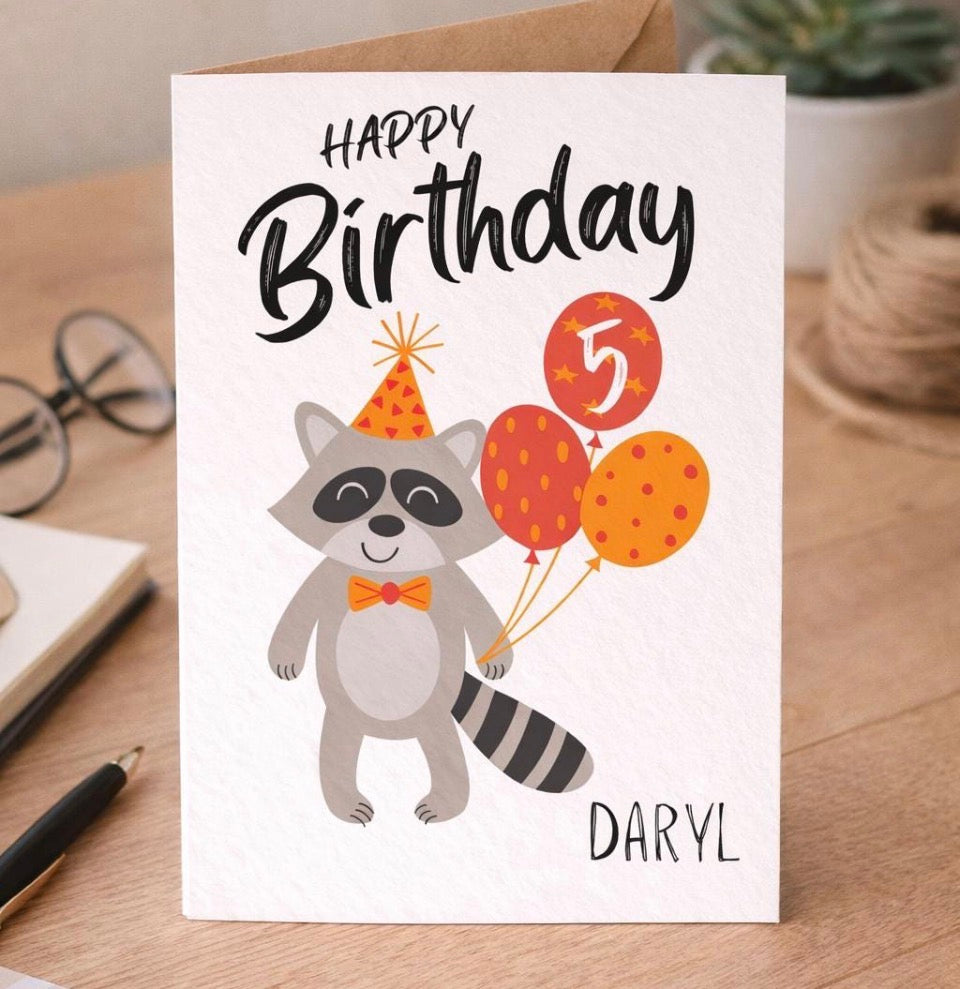 Personalised Birthday Racoon Card